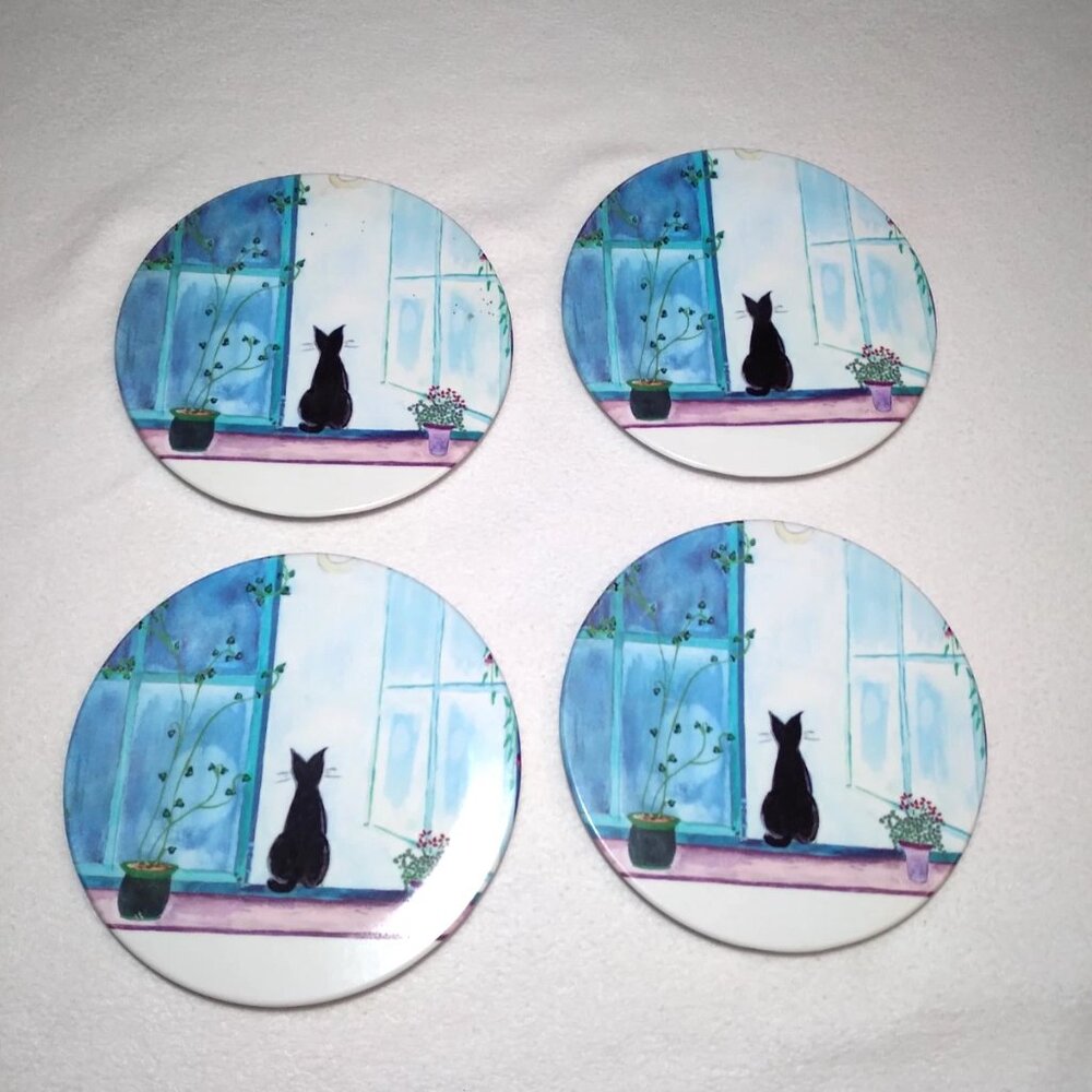 VTG Italian Mebel Black Cat Window Catherine Piret Trivet Tray Melamine Set of 4